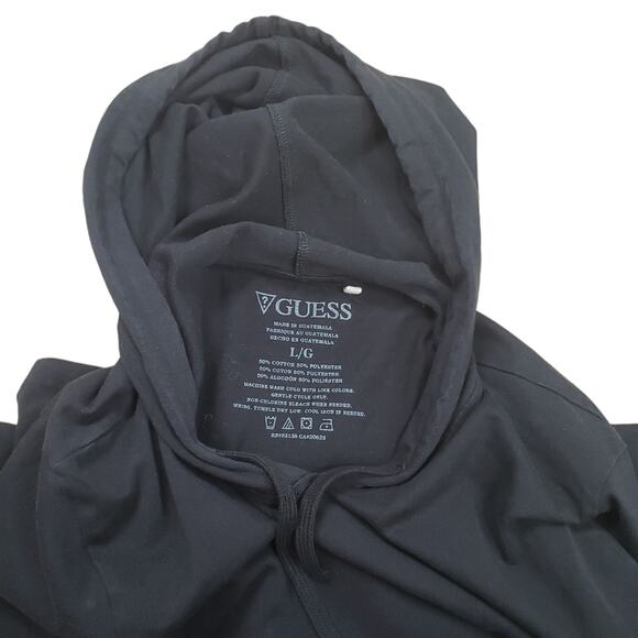 BLACK GUESS SHORT SLEEVED COTTON DRAW STRING HOODIE W FRONT POCKET SIZE LARGE - Picture 3 of 5